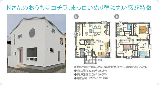 Nさんのおうちはコチラ。まっ白いぬり壁に丸い窓が特徴