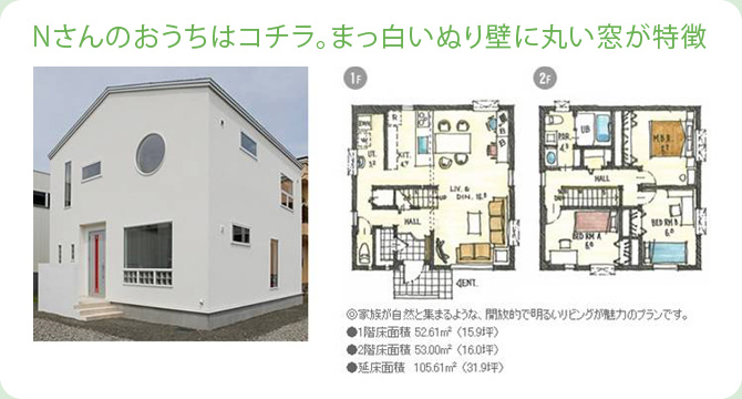 Nさんのおうちはコチラ。まっ白いぬり壁に丸い窓が特徴